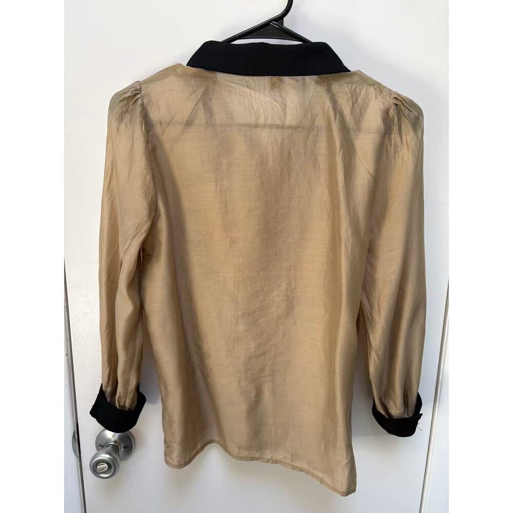 Vintage Satin Blouse Tops Women Beige Contrast Collar Heart Bow Pleated Shirt S - Picture 6 of 10